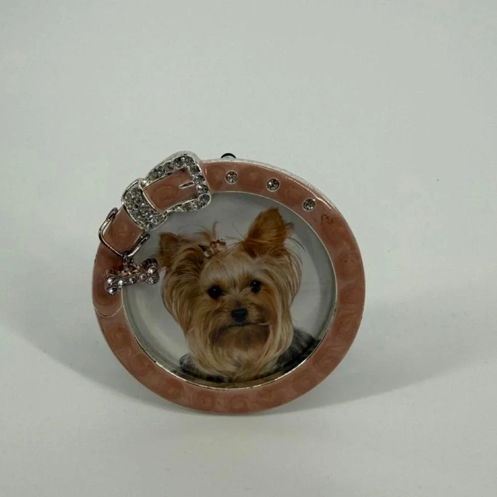 Two's Company Pink Dog Portrait Picture Frame Rhinestone Buckle Bone Charm Round